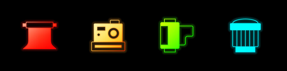 Set Empty photo studio, Photo camera, Camera roll cartridge and lens icon. Vector