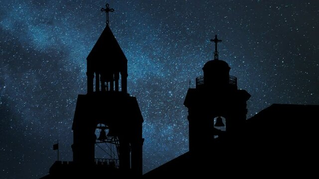 Bethlehem: Nativity Church Bell Tower, Time Lapse by Night with Stars and Milky Way in Background