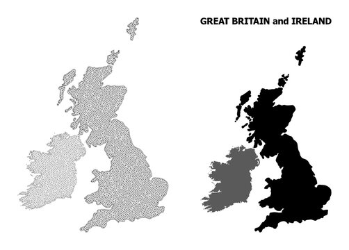 Polygonal mesh map of Great Britain and Ireland in high detail resolution. Mesh lines, triangles and points form map of Great Britain and Ireland.