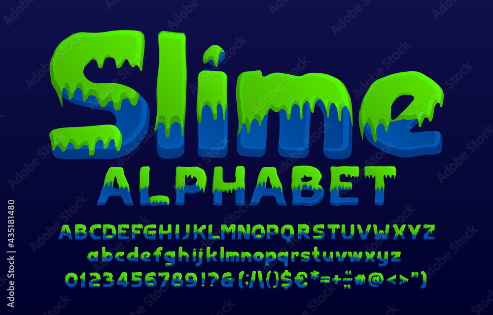 Fototapete slime alphabet font. hand drawn letters, numbers and punctuation. uppercase and lowercase. stock vec