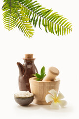 close up view of mortar, salt and oil on white back. 