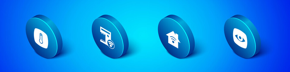 Set Isometric Thermostat, Smart home with wi-fi, Security camera and coffee machine icon. Vector