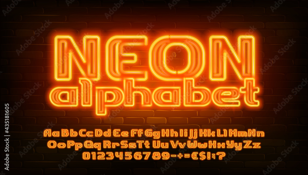 Fototapete neon alphabet font. yellow neon light bold letters, numbers and punctuation. uppercase and lowercase