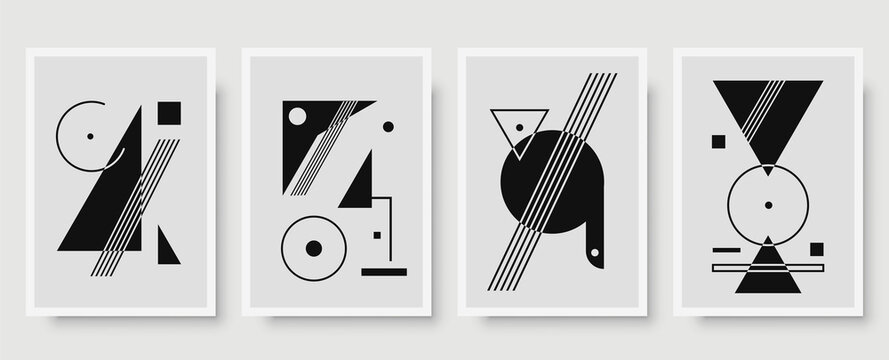 Absract geometric mid century wall art print set. Black and white poster with geometric shapes for wall art, interior gallery. Artwork for wall decor with neutral colors,minimal. Vector illustration