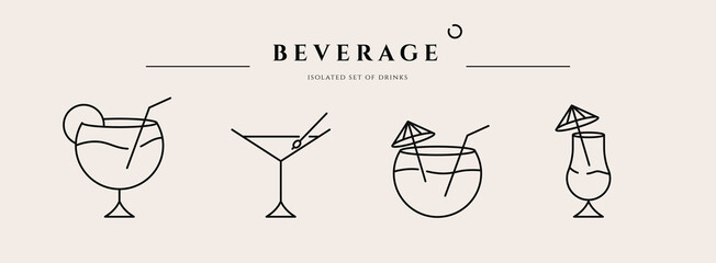 Beverage thin line icon. Minimal summer alcohol cocktail in glass for restaurant and design element. Thin outline and editable stroke. Beverage isolated on beige background. Vector cocktail icon