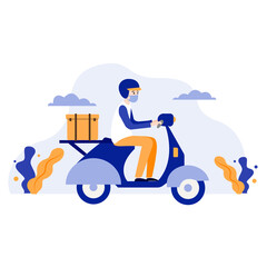 a courier delivers a parcel around the city