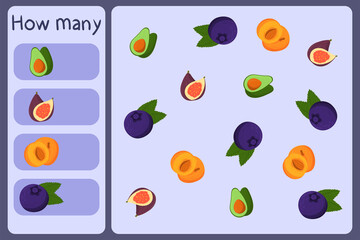 Kids mathematical mini game - count how many fruits - avocado, fig, apricot, blueberry. Educational games for children. Cartoon design template on colorful backdrop. Vector graphic.