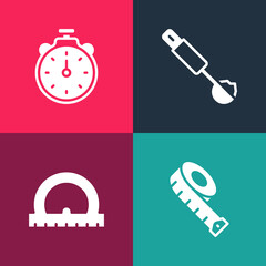 Set pop art Measuring tape, Protractor, spoon and Stopwatch icon. Vector