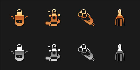 Set Barber apron, Bottle of shampoo, Electric razor blade and Barrette icon. Vector