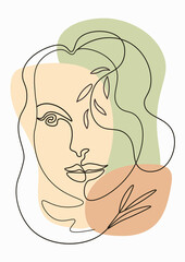 Line art portrait of a cute girl. Minimalistic abstract portrait of one line art pensive woman on light background. Continuous line. Vector illustration.