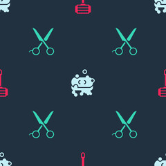 Set Shaving razor, Bar of soap with foam and Scissors hairdresser on seamless pattern. Vector