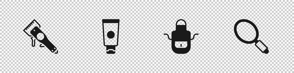 Set Electrical hair clipper, Cream cosmetic tube, Barber apron and Hand mirror icon. Vector