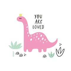Fototapeta premium Cute vector print with pink dinosaur for baby girl. Cartoon hand drawn illustration witn pastel color dino. 