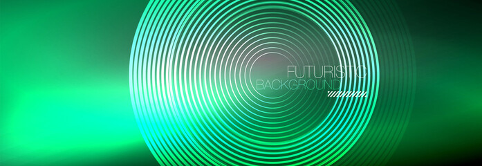 Dark abstract background with glowing neon circles. Trendy layout template for business or technology presentation, internet poster or web brochure cover, wallpaper