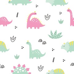 Cute vector print with pink dinosaur for baby girl. Cartoon hand drawn illustration witn pastel color dino. Seamless pattern