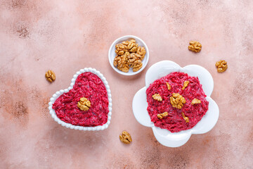 Beetroot salad with wallnuts and mayonnaise,garlic.