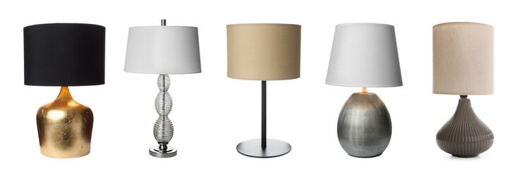 Collage with different stylish night lamps on white background. Banner design