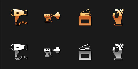 Set Hair dryer, Hairdresser pistol spray bottle, Cream cosmetic jar and Medical rubber gloves icon. Vector