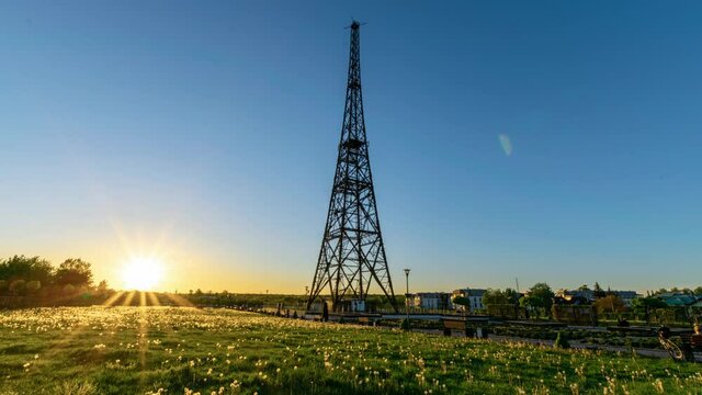 Wooden radio tower at sunset in Gliwice city, Silesia, Poland