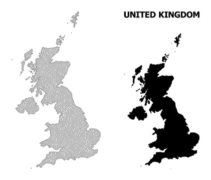 Polygonal mesh map of United Kingdom in high detail resolution. Mesh lines, triangles and dots form map of United Kingdom.