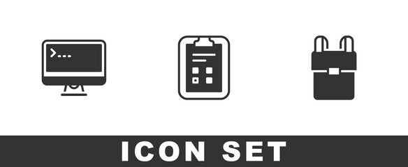 Set Computer monitor, Exam sheet with check mark and School backpack icon. Vector