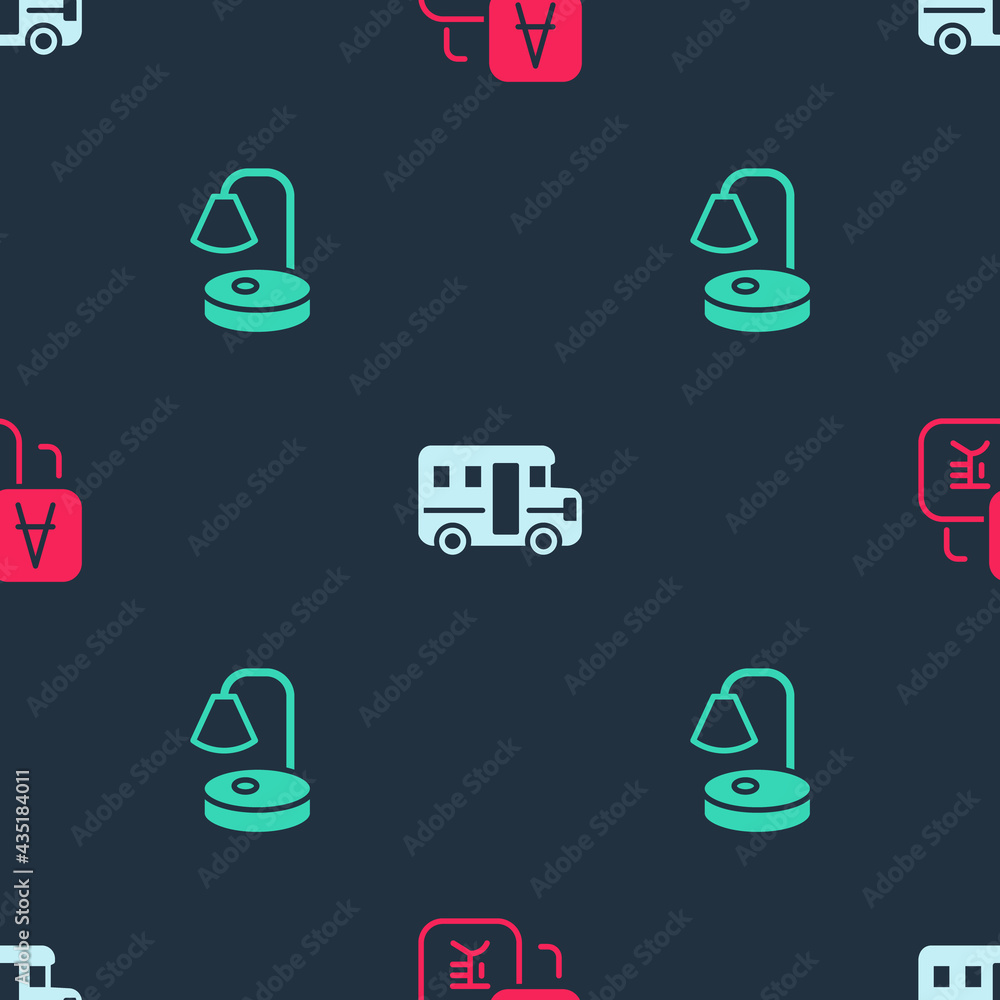 Poster set translator, school bus and table lamp on seamless pattern. vector