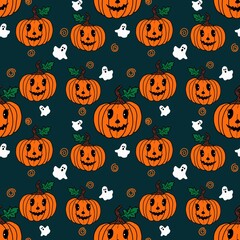  Funny pumpkin on a dark background. Halloween concept. Seamless pattern. Design for wrapping paper and other things. Hand-drawn cartoon illustration.