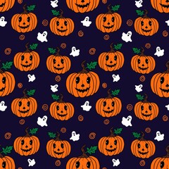  Funny pumpkin on a dark background. Halloween concept. Seamless pattern. Design for wrapping paper and other things. Hand-drawn cartoon illustration.