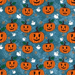  Funny pumpkin on a blue background. Halloween concept.Seamless pattern. Design for wrapping paper and other things. Hand-drawn cartoon illustration.