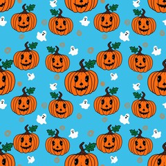  Funny pumpkin on a blue background. Halloween concept.Seamless pattern. Design for wrapping paper and other things. Hand-drawn cartoon illustration.