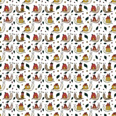 An image of a funny snail with a house. Hand-drawn illustration in doodle style. Seamless pattern, design for different things, clothes, fabric, wrapping paper.