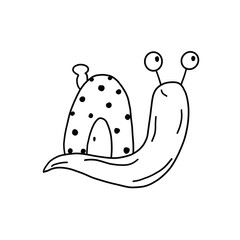 Linear black and white image of a funny snail with a house. The illustration is hand-drawn in doodle style. 
