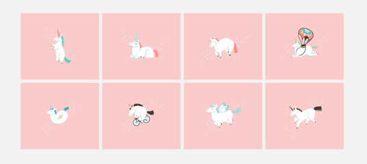 Hand drawn vector stock abstract flat cartoon graphic illustrations cards collection set with wizard simple style funny white unicorn isolated on pink pastel background © anastasy_helter
