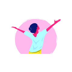 A young woman stands with her back, arms outstretched to the sides. Freedom gesture. Vector illustration, flat cartoon color design, isolated on white background, eps 10.