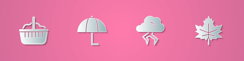 Set paper cut Basket, Umbrella, Storm and Leaf leaves icon. Paper art style. Vector