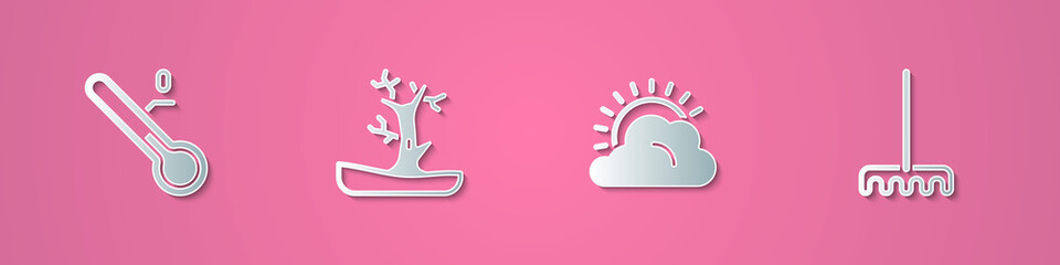 Set paper cut Meteorology thermometer, Bare tree, Sun and cloud weather and Garden rake icon. Paper art style. Vector