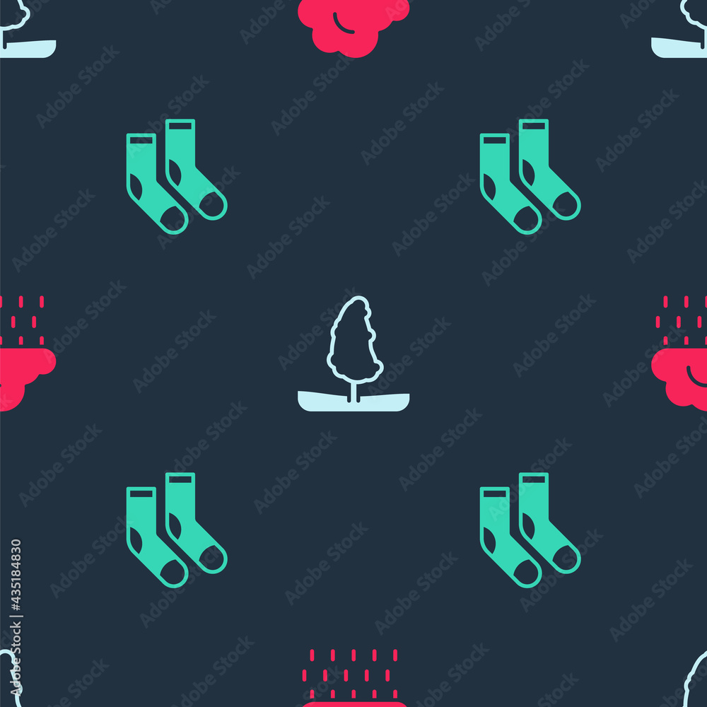 Poster set cloud with rain, tree and socks on seamless pattern. vector