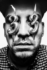 black and white portrait of a young man with burning candles