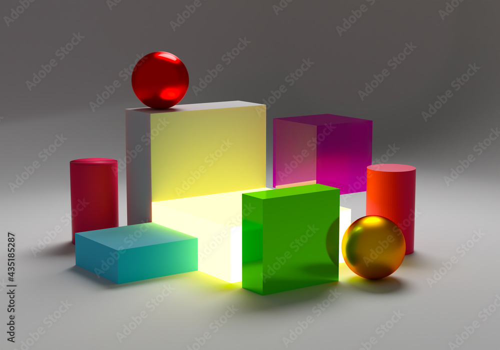 Poster three-dimensional geometric shapes. abstract geometry. geometric shapes of different colors and text