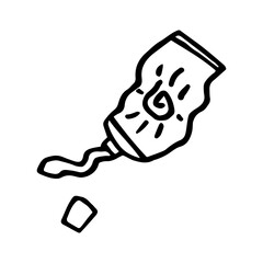 Open tube of sunscreen in doodle style. Hand drawn vector illustration isolated on white background. Sunblock sign for the themes of travel, vacation, tourism.