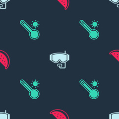 Set Watermelon, Diving mask and Meteorology thermometer on seamless pattern. Vector