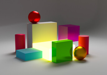 Obraz premium Three-dimensional geometric shapes. Abstract geometry. Geometric shapes of different colors and textures. Parallelepipeds, cylinders, and balls. Three-dimensional art objects on a gray background. 3d