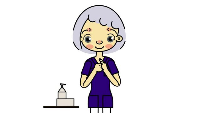Female nurse perform hygienic hand disinfection and wearing face mask on white background 17 second. cartoon animation.