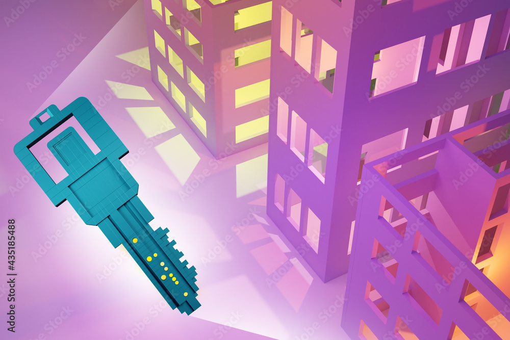 Aufkleber key from the lock next to the models of multi-storey buildings. home security. a large abstract key 