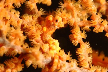 A cute pygmy seahorse wrapped in an orange seahorse