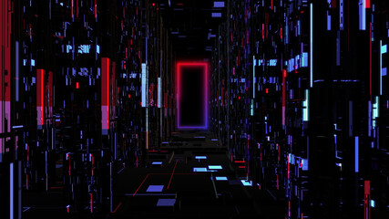 Abstract Neon Digital tunnel of cyberspace moving forward, Technology Future city background concept. 3d rendering