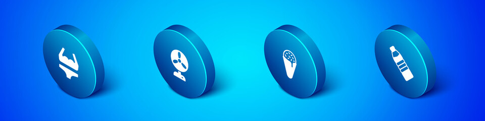 Set Isometric Swimsuit, Ice cream in waffle cone, Bottle of water and Electric fan icon. Vector
