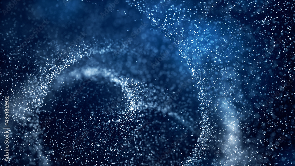 Poster defocused digital particles rotation movement, digital cyberspace abstract background blue color con