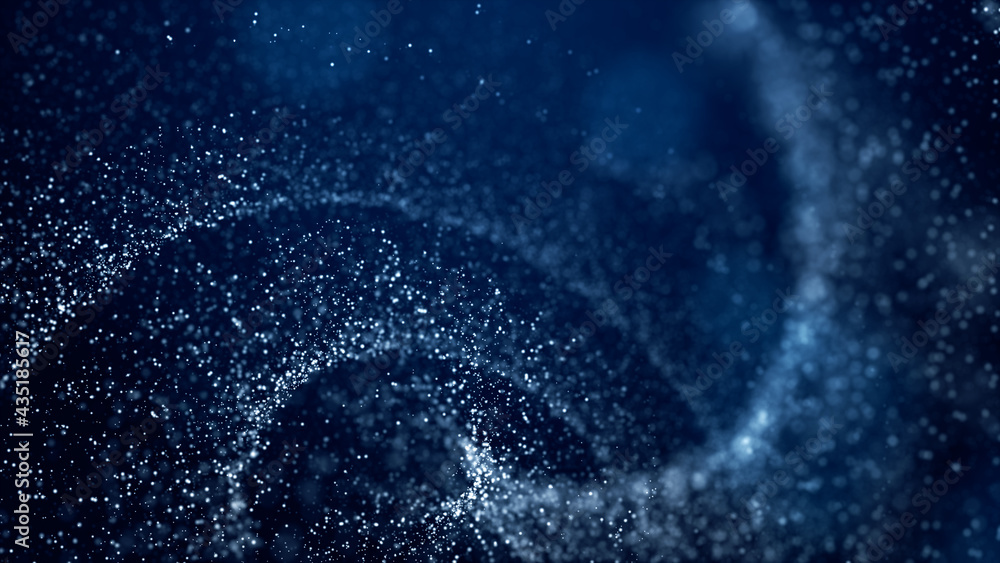 Poster defocused digital particles rotation movement, digital cyberspace abstract background blue color con