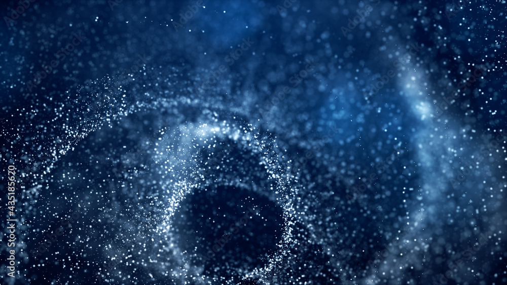 Poster defocused digital particles rotation movement, digital cyberspace abstract background blue color con